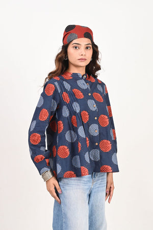 Blue Polka Pleated Shirt