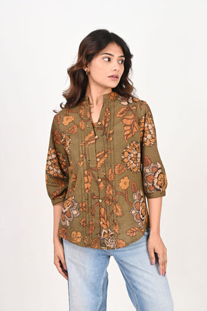 Green Kalamkari Pleated Shirt