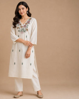 Ivory Floral Yoke Embroidered Kurta Set