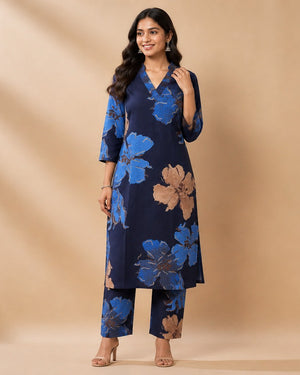 Navy Blue Bold Floral Print Kurta Set