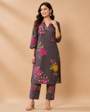 Charcoal Grey Magenta Floral Print Kurta Set