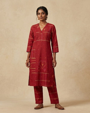 Red Geometric Heart Print Kurta Set