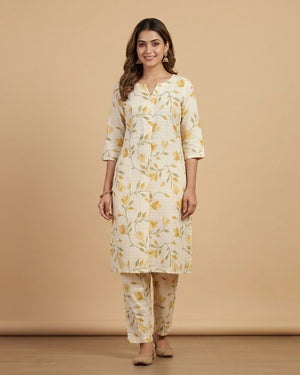 Cream Mustard Leaf Vine Print Kurta Set