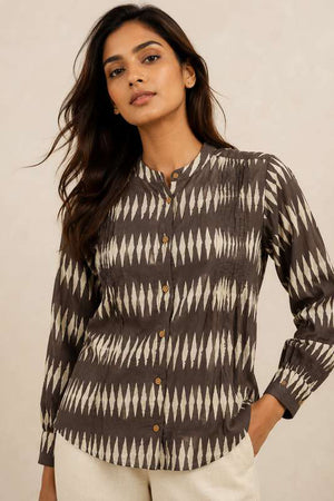 Charcoal Ikat Print Pintuck Shirt