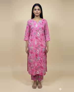 Rose Pink Botanical Print Kurta Set