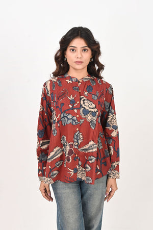 Red Kalamkari Pleated Shirt