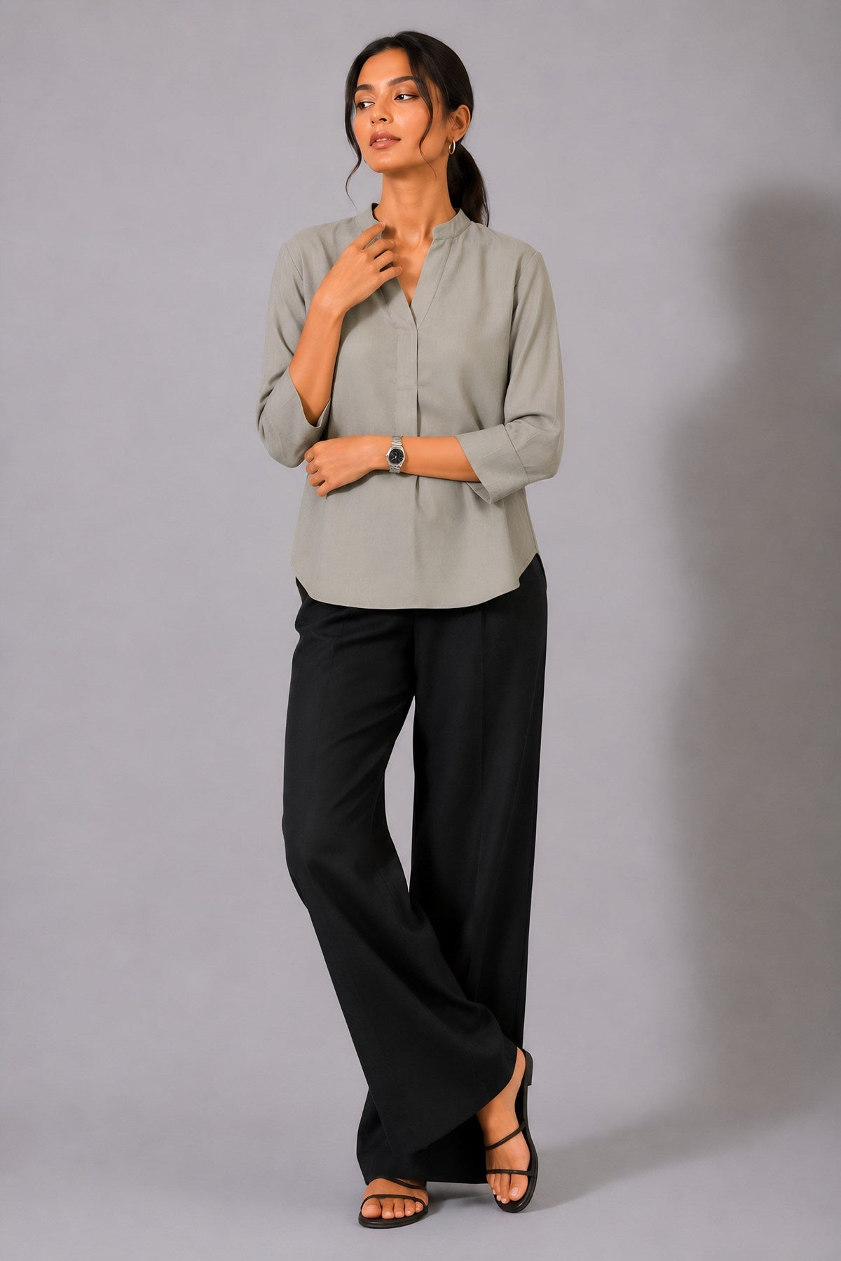 Beige Mandarin Collared Top