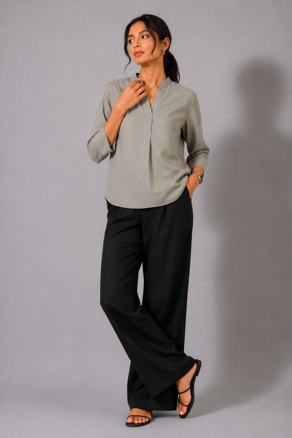 Beige Mandarin Collared Top