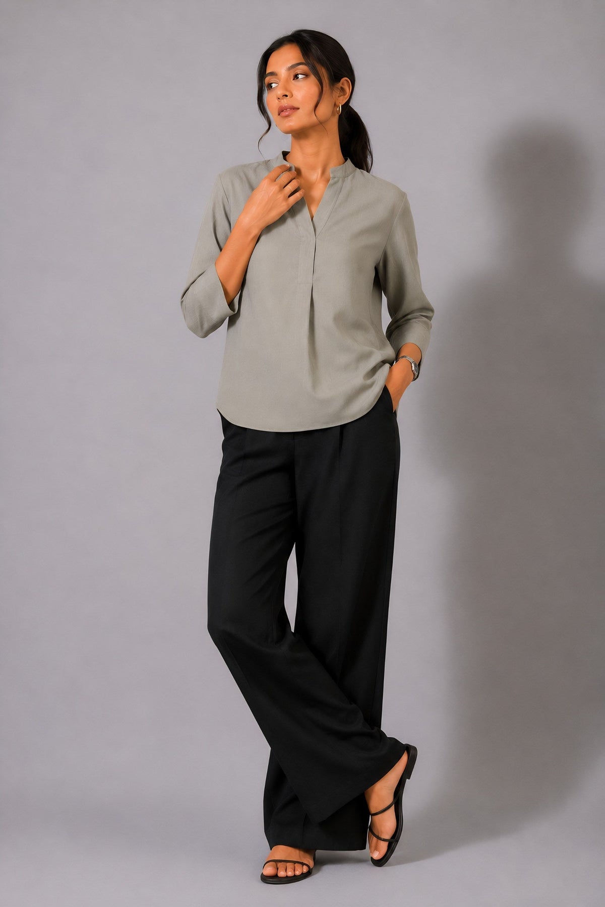 Beige Mandarin Collared Top