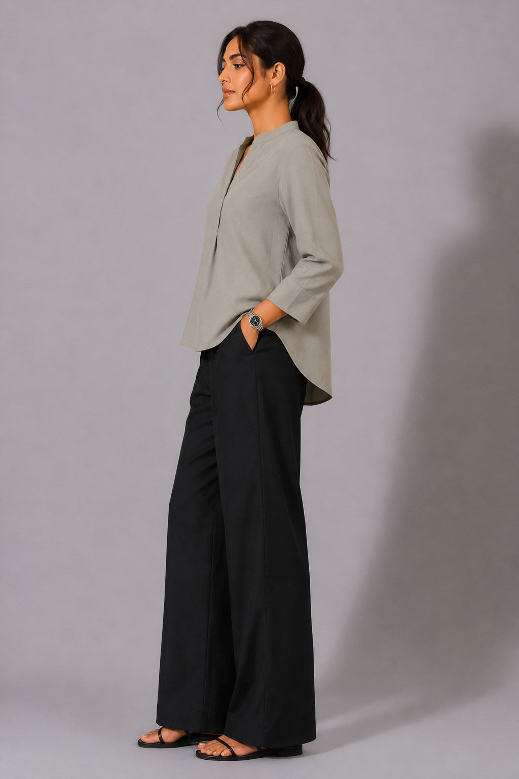 Beige Mandarin Collared Top