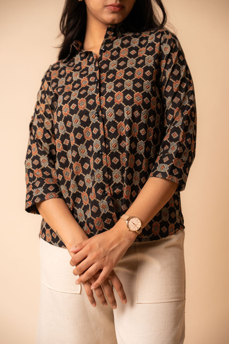 Black Ajrakh Cotton Shirt