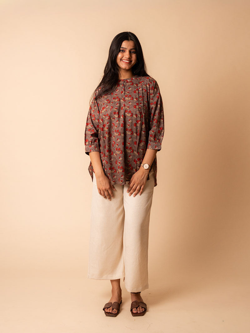 Brown Mandarin Cotton Shirt