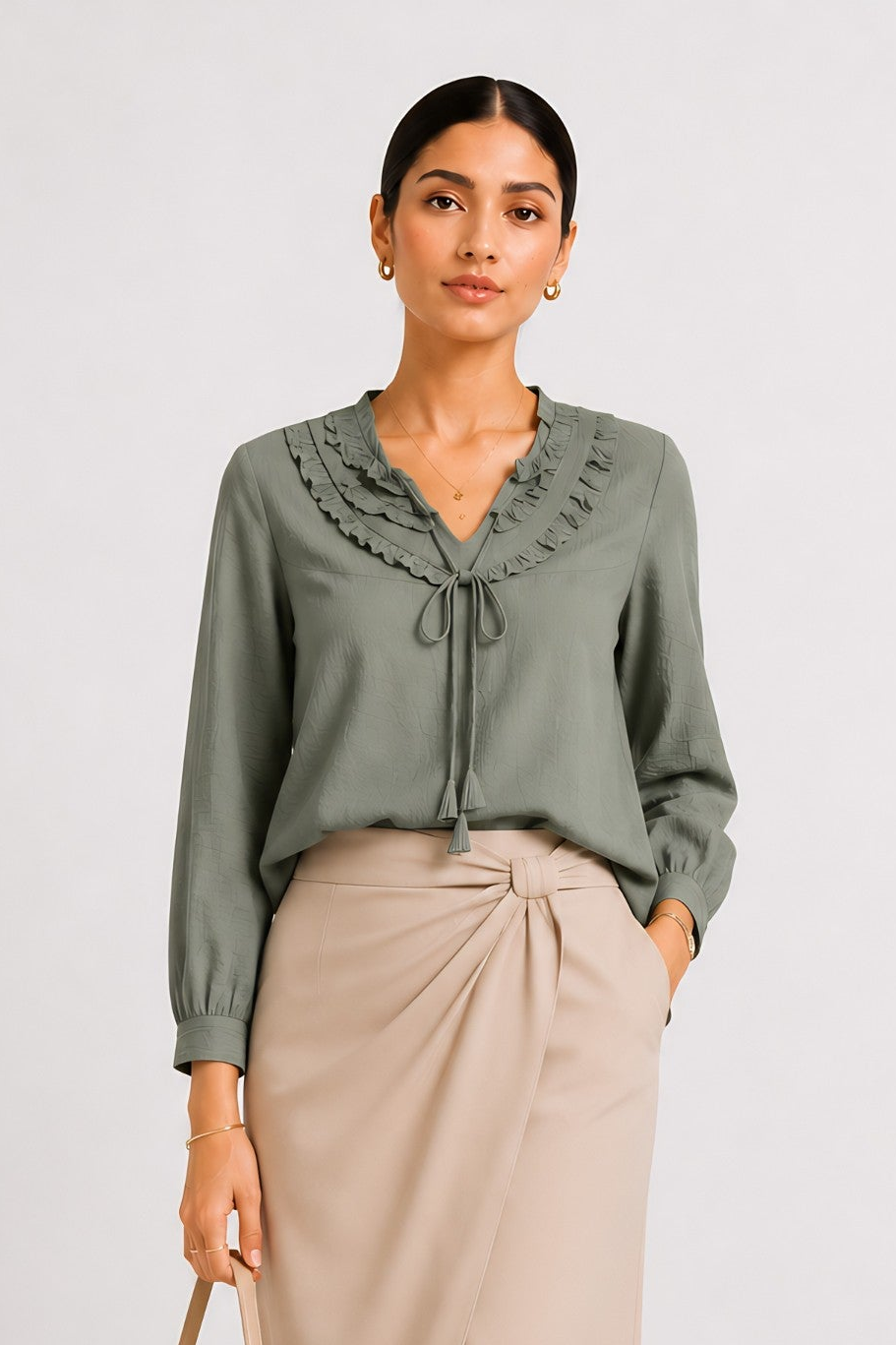 Green Frill Trimmed Shirt
