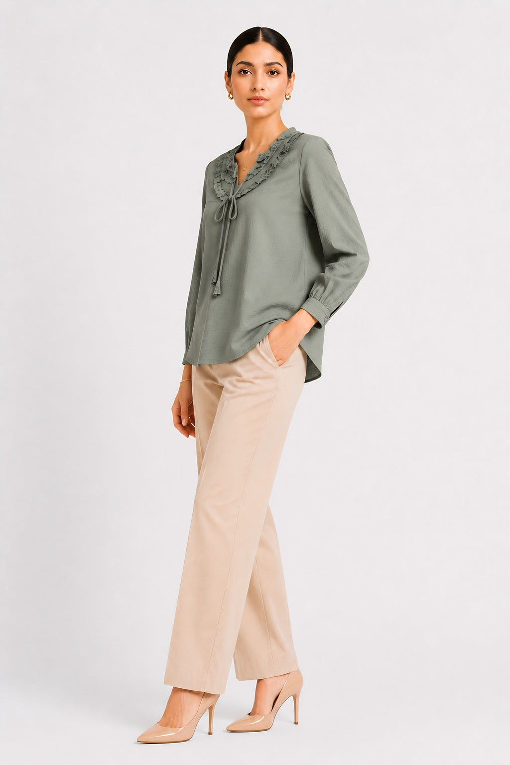 Green Frill Trimmed Shirt