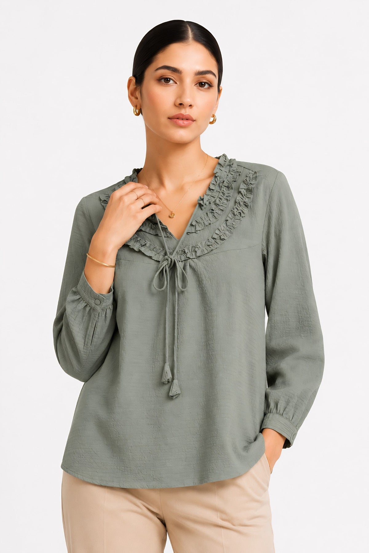 Green Frill Trimmed Shirt