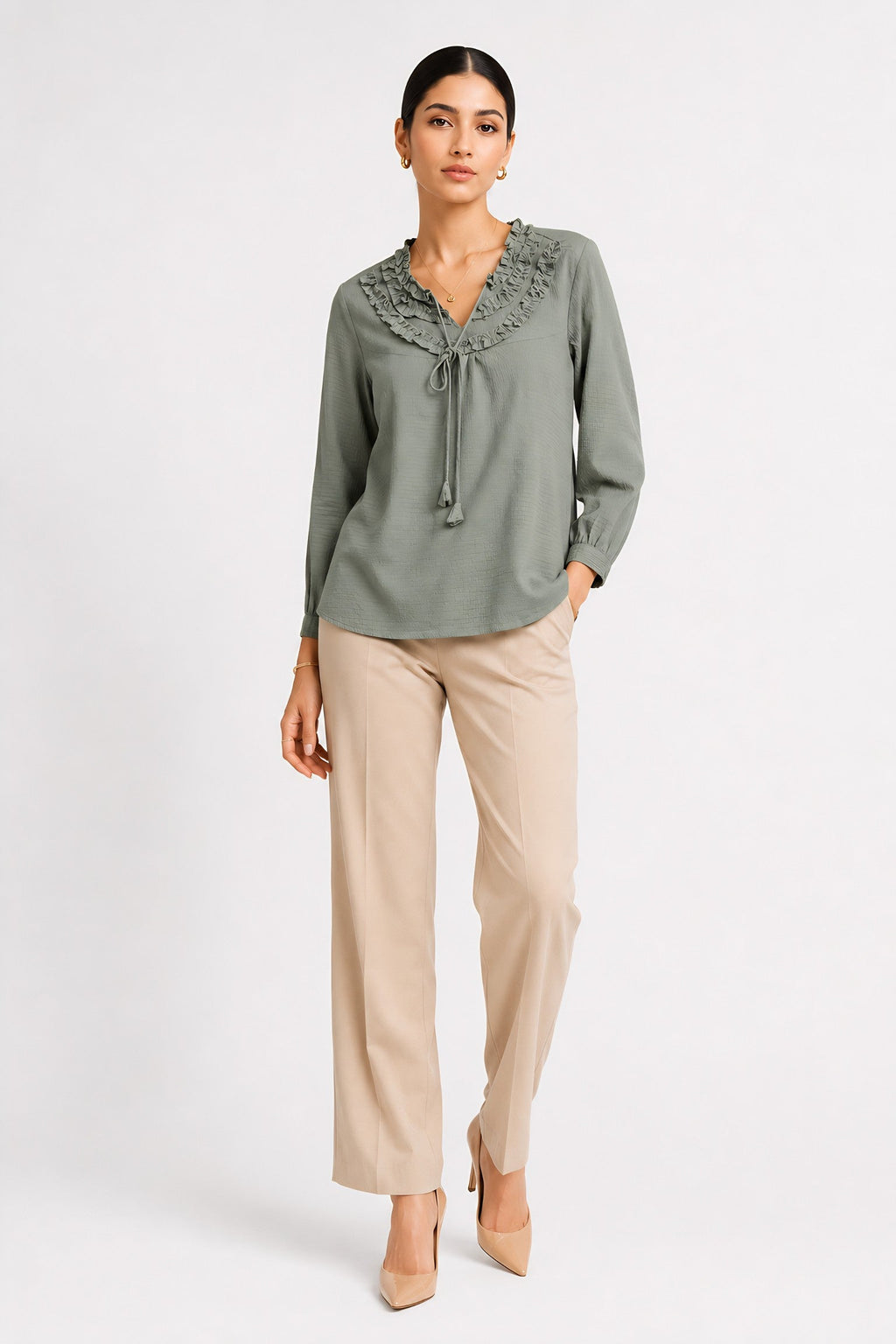 Green Frill Trimmed Shirt