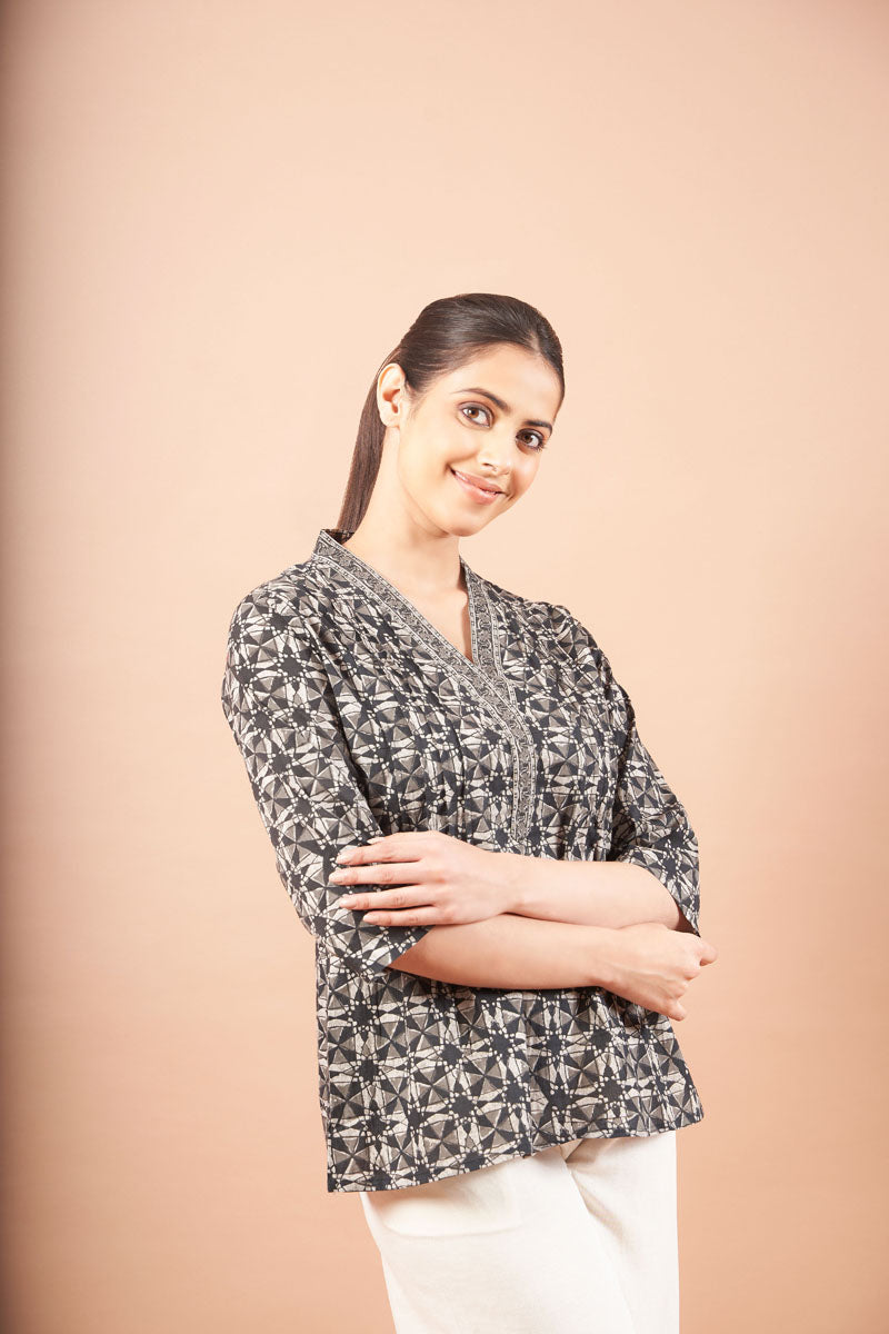 Black Ajrakh Straight Cotton Top