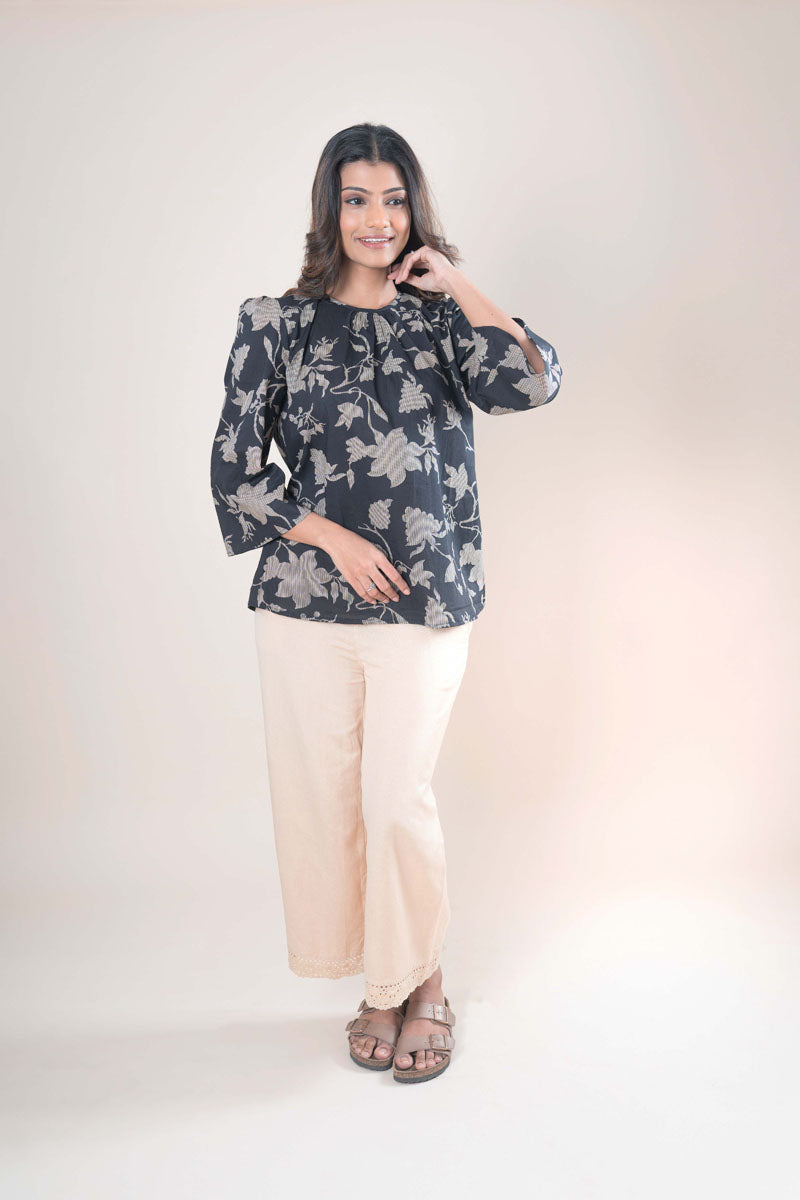 Black Floral Printed Cotton Top