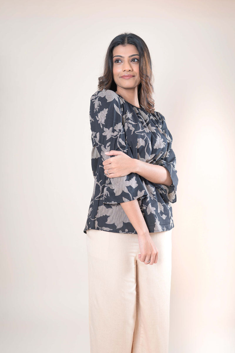 Black Floral Printed Cotton Top