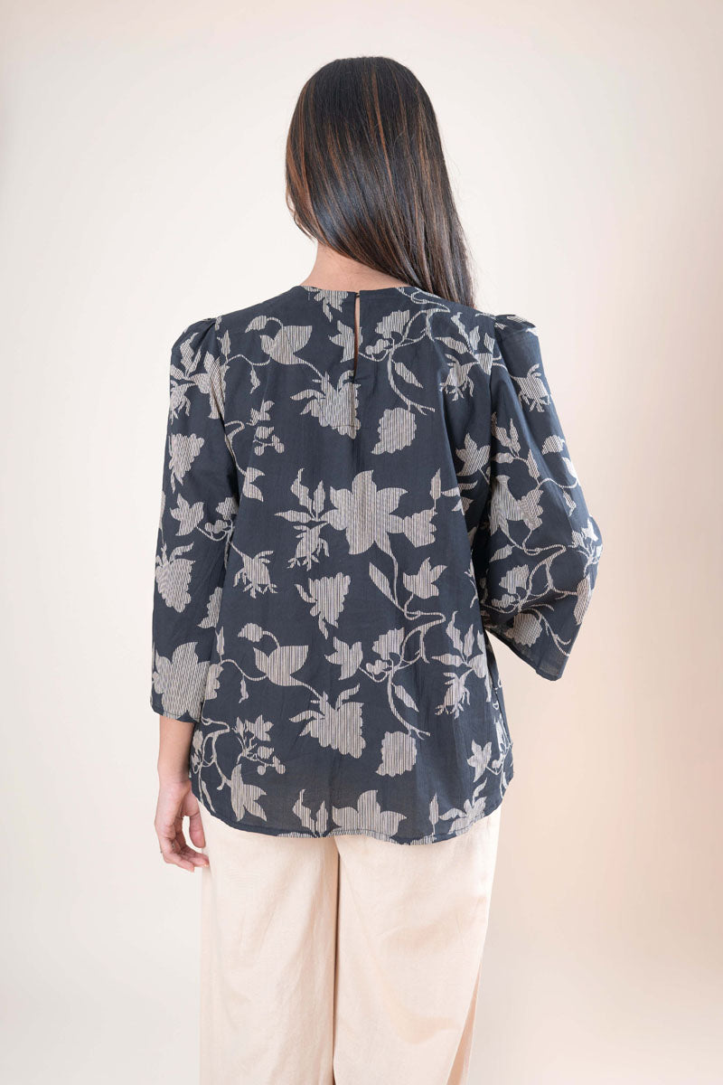 Black Floral Printed Cotton Top