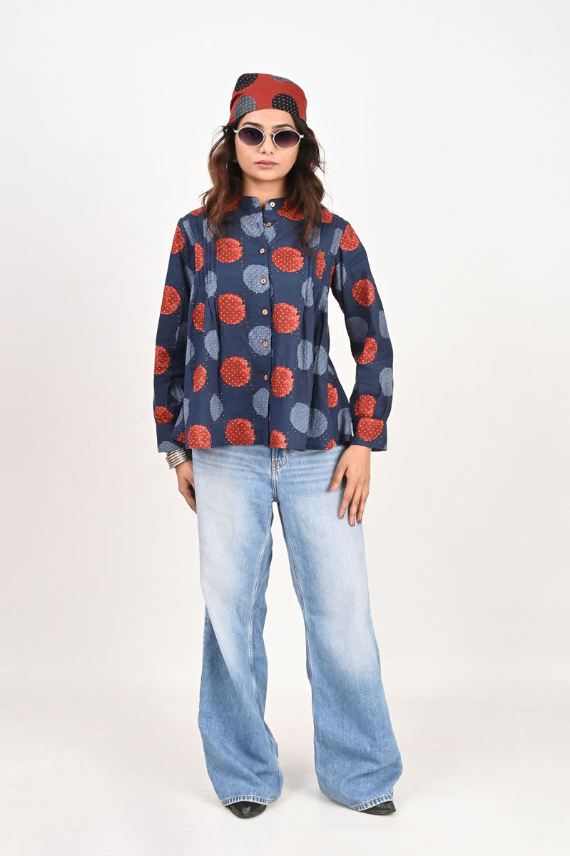 Blue Polka Pleated Shirt