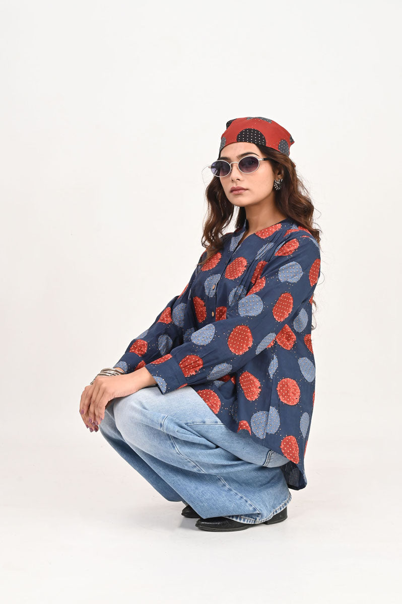Blue Polka Pleated Shirt