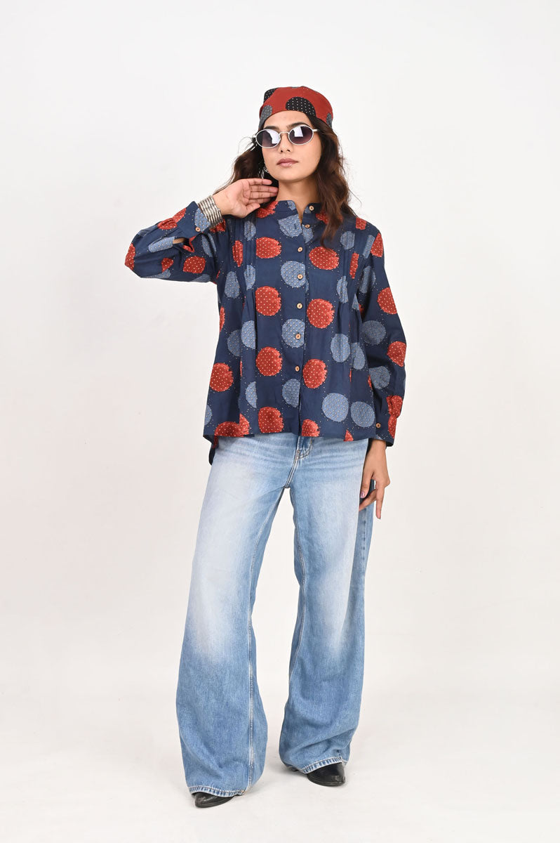 Blue Polka Pleated Shirt