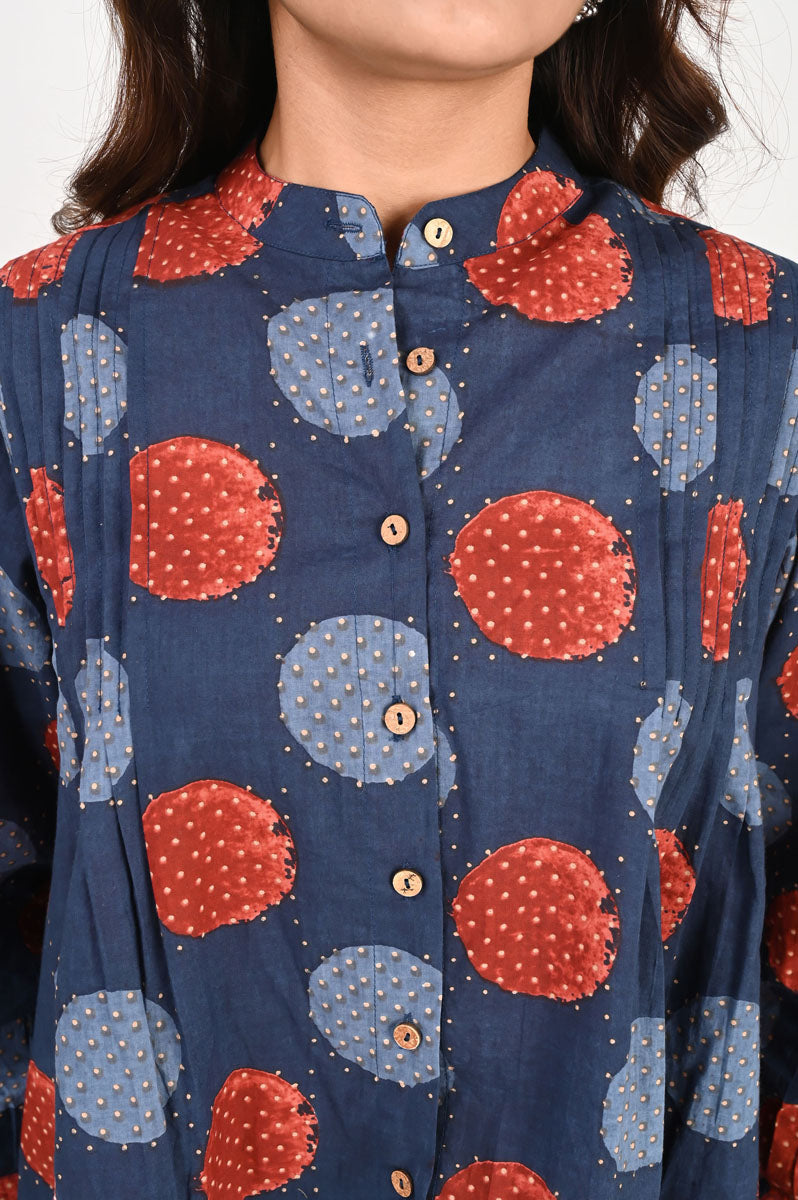 Blue Polka Pleated Shirt