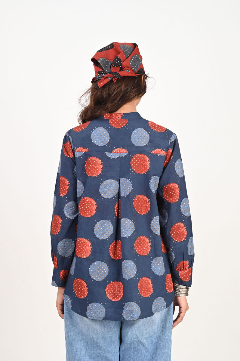 Blue Polka Pleated Shirt