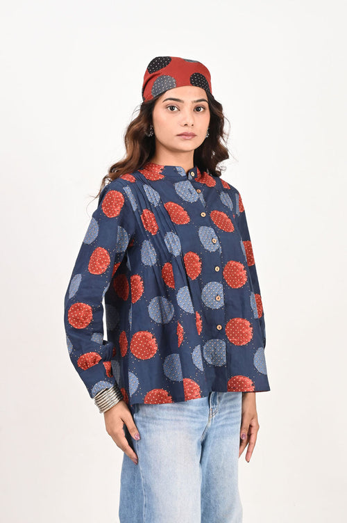 Blue Polka Pleated Shirt