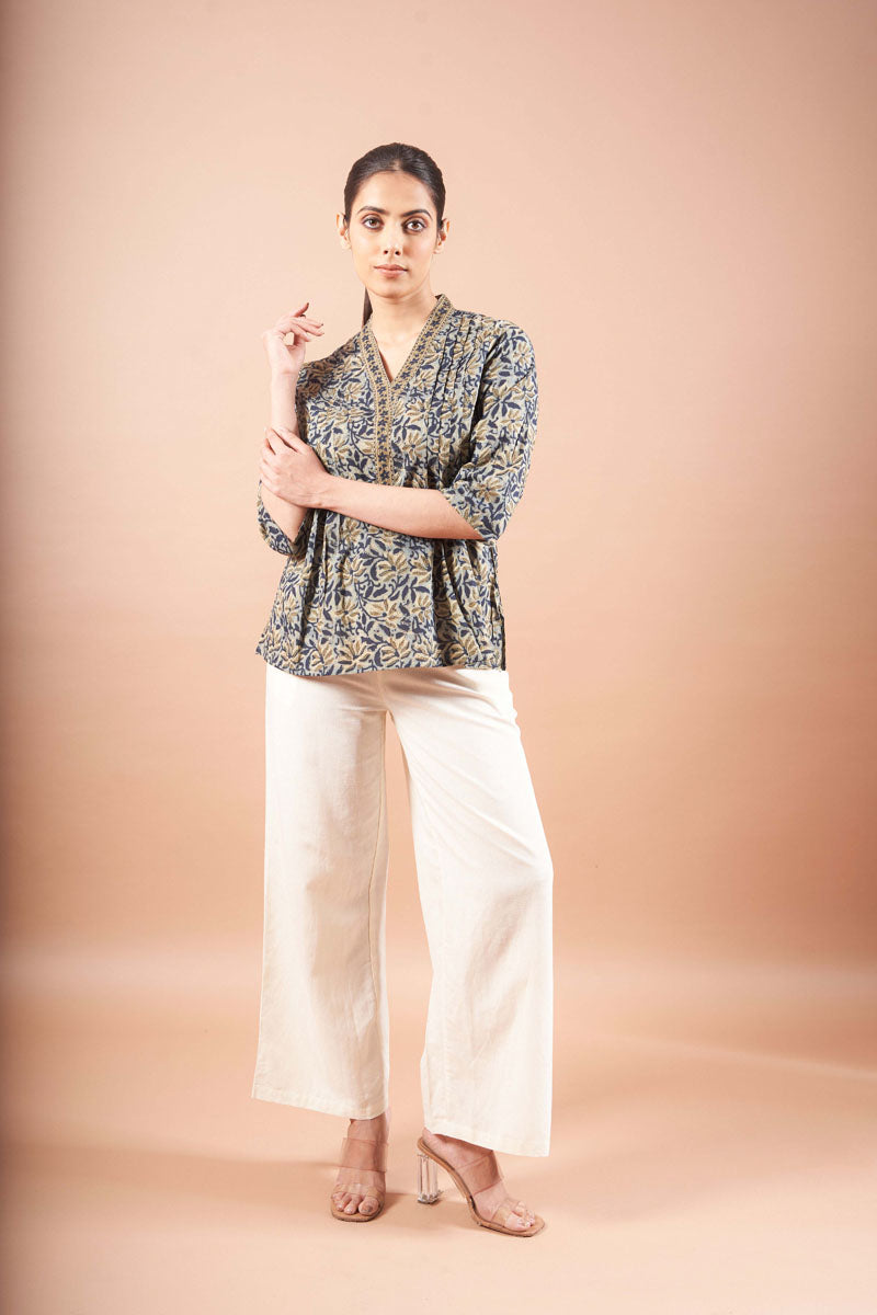 Green Ajrakh Straight Cotton Top