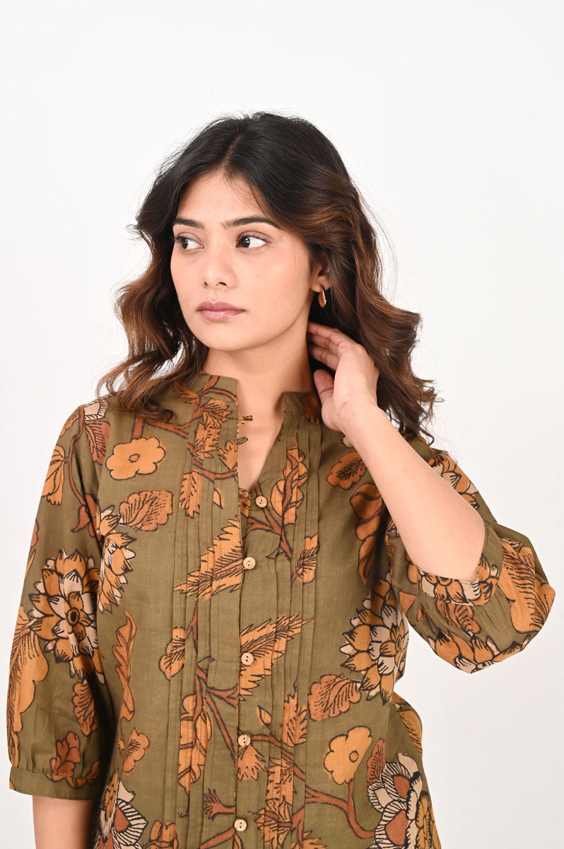 Green Kalamkari Pleated Shirt