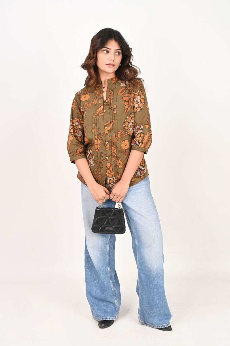 Green Kalamkari Pleated Shirt