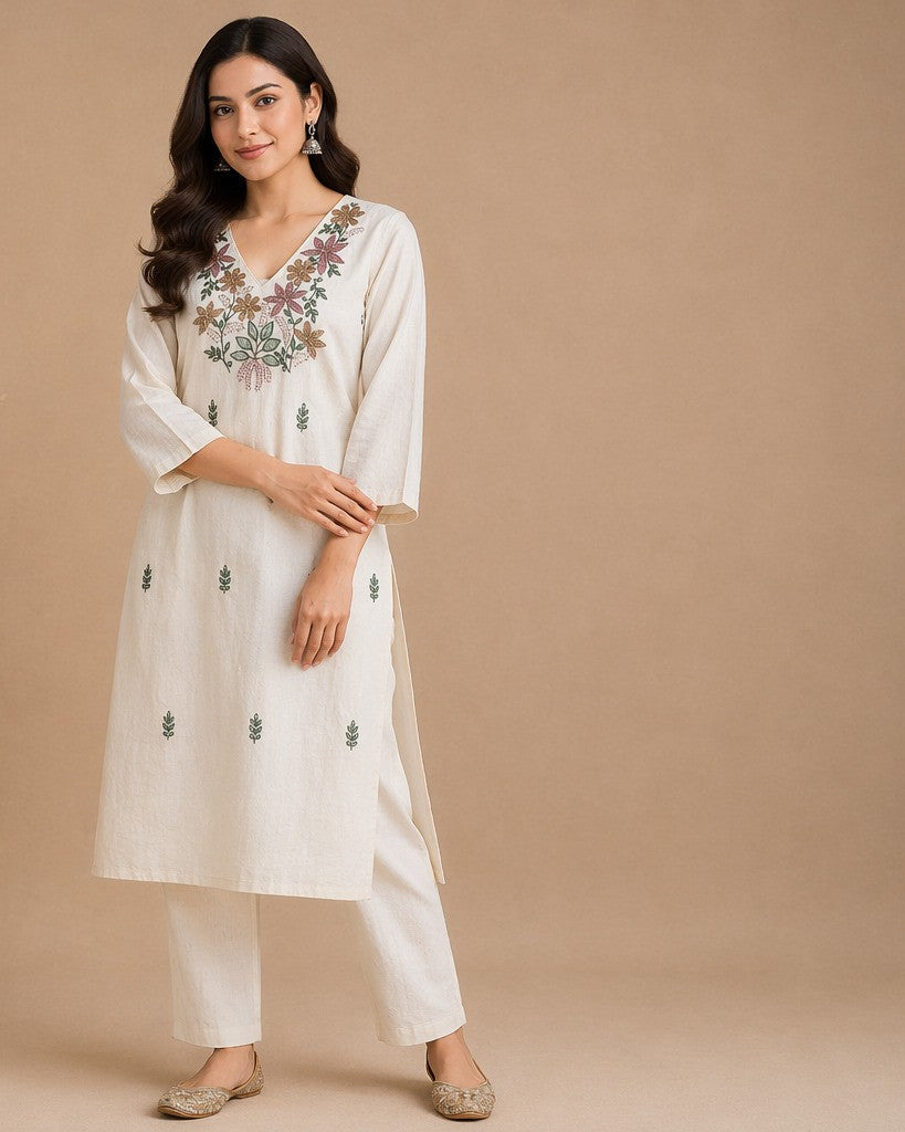 Ivory Floral Yoke Embroidered Kurta Set - kurta and pants