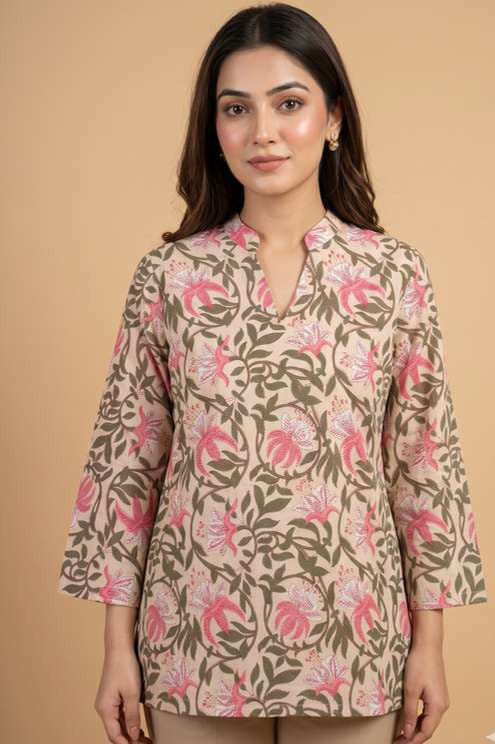Peach Floral Vine Bell Sleeve Tunic by SITU, front view on model