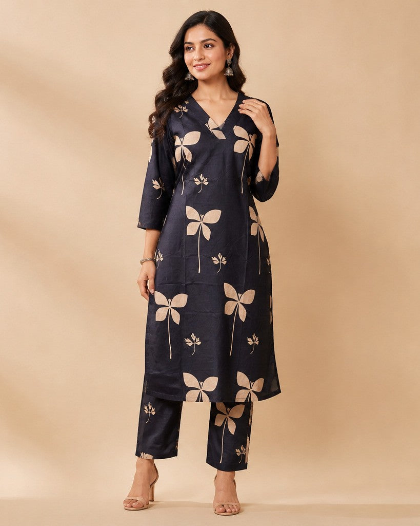 Midnight Navy Leaf Print Kurta Set - kurta and pants
