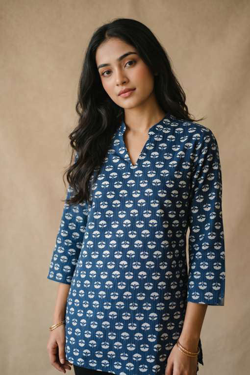 Indigo Buti Print Mandarin Collar Tunic by SITU, front view on model