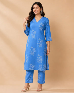 Azure Blue Floral Sprig Print Kurta Set