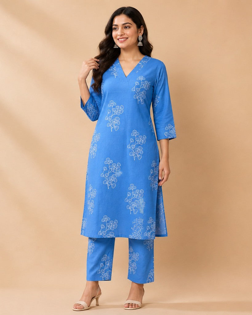 Azure Blue Floral Sprig Print Kurta Set - kurta and pants