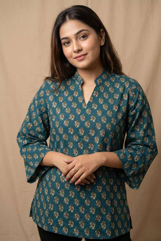Teal Gold Buti Bell Sleeve Tunic by SITU, front view on model