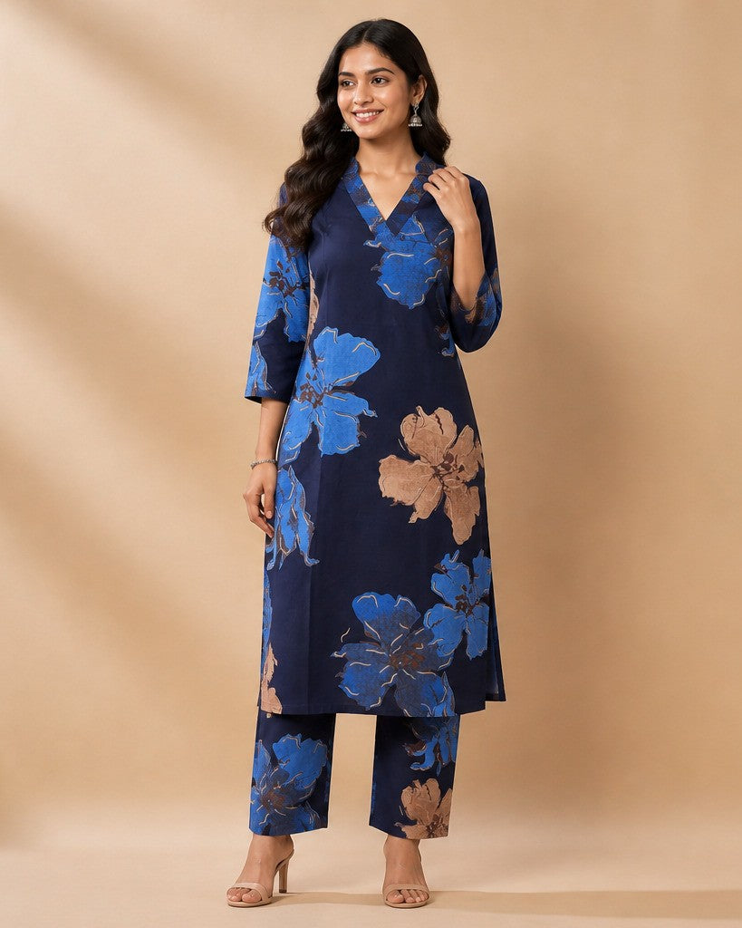 Navy Blue Bold Floral Print Kurta Set - kurta and pants