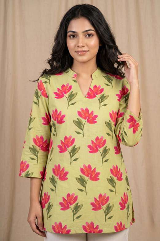 Lime Green Blossom Print Mandarin Tunic by SITU, front view on model