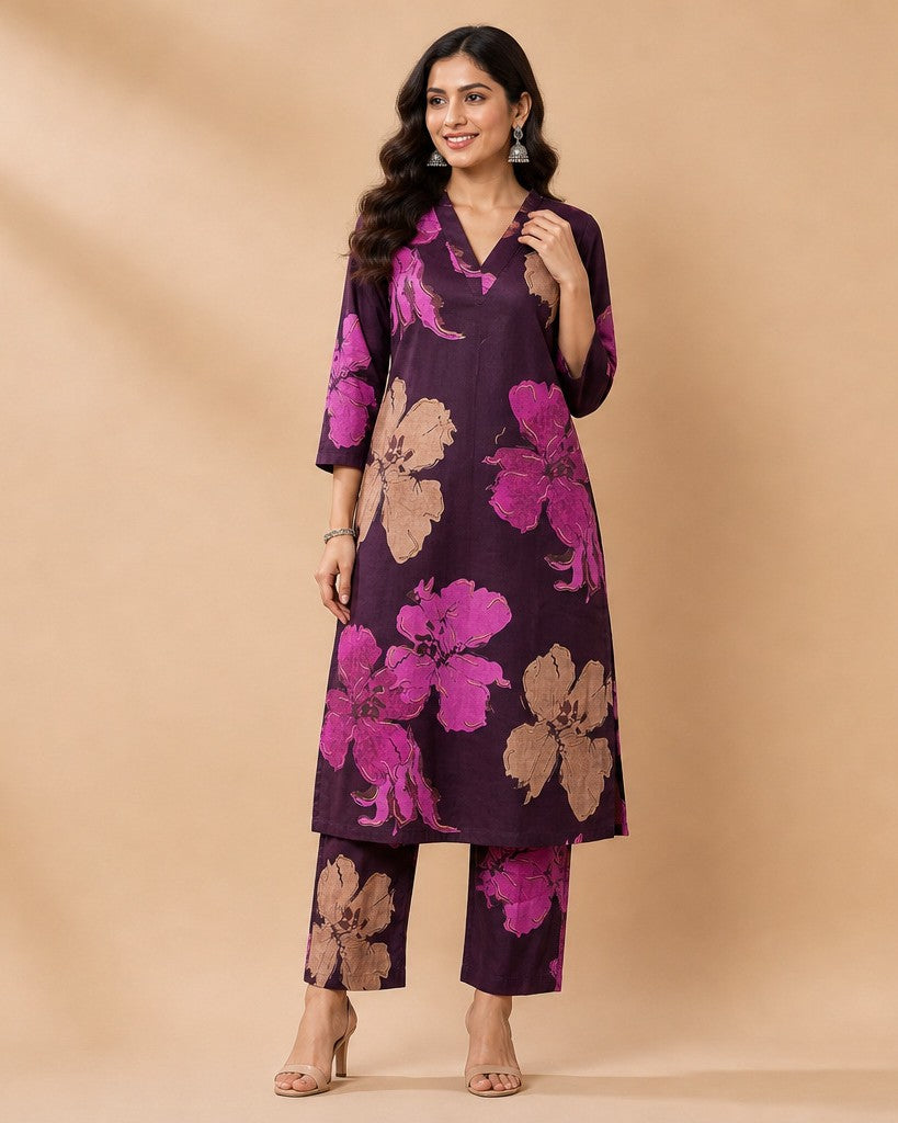Plum Magenta Bold Floral Print Kurta Set - kurta and pants