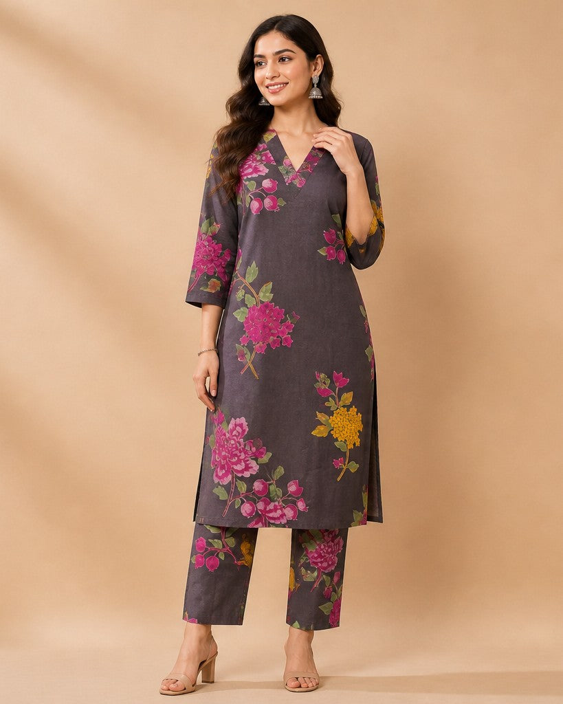 Charcoal Grey Magenta Floral Print Kurta Set - kurta and pants