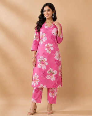 Hot Pink Hibiscus Print Kurta Set
