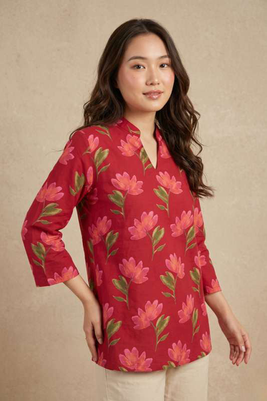Red Blossom Print Mandarin Tunic by SITU, front view on model