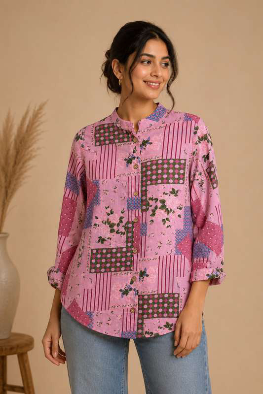 Pink Patchwork Print Band Collar Shirt by SITU, front view on model