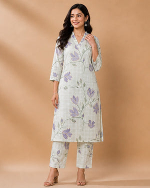 Off-White Lavender Floral Vine Print Kurta Set
