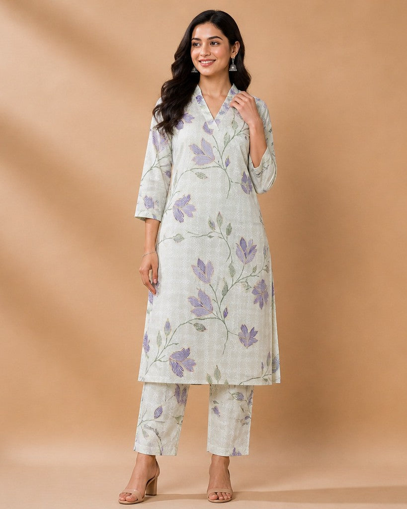 Off-White Lavender Floral Vine Print Kurta Set - kurta and pants