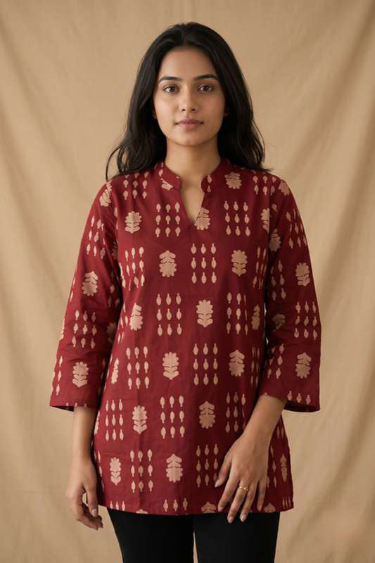 Maroon Leaf Buti Mandarin Collar Tunic by SITU, front view on model